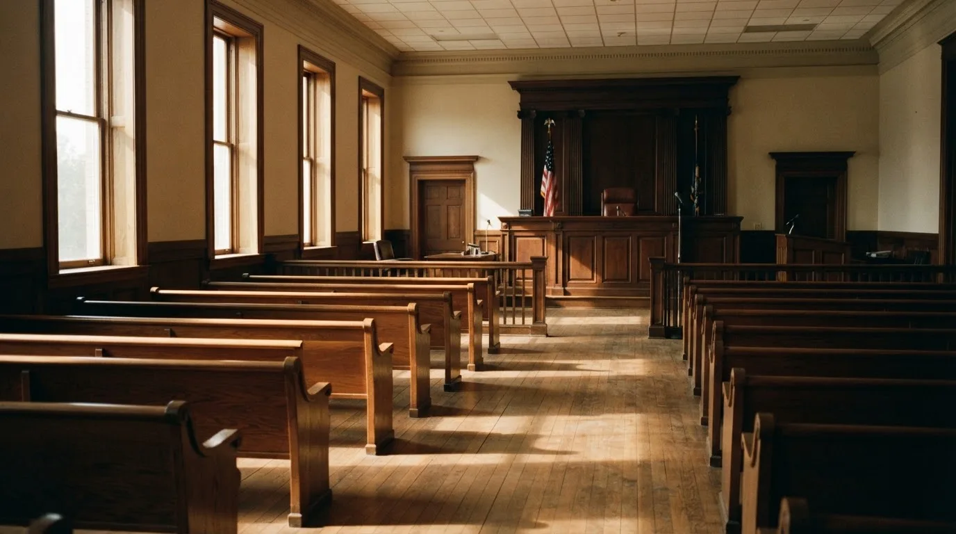 Una sala de tribunal vacía con bancos de madera a la luz de la mañana