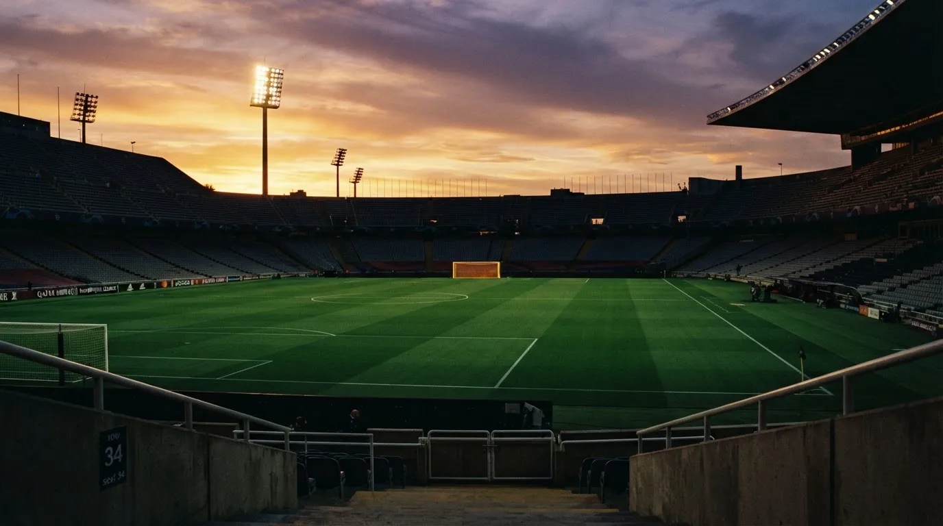 Un estadio de fútbol vacío con torres de iluminación al atardecer