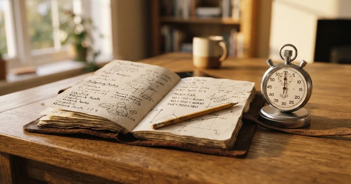 Un cuaderno abierto con un lápiz y un cronómetro sobre una mesa de madera