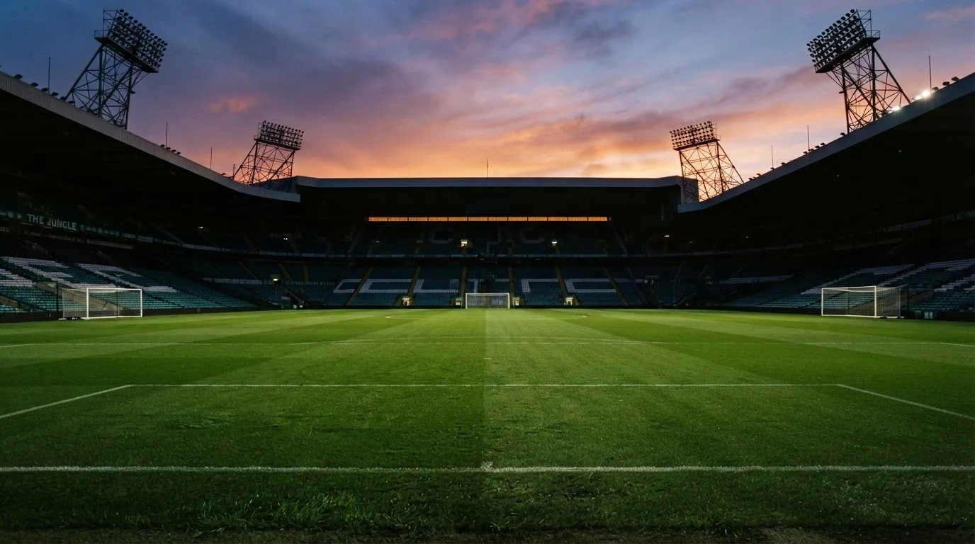 Un estadio de fútbol vacío con torres de iluminación al atardecer