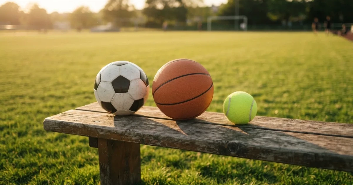 Tres balones de distintos tipos, uno junto a otro, sobre un banco de madera