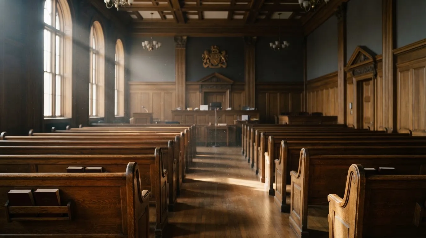 Una sala de tribunal vacía con bancos de madera a la luz de la mañana